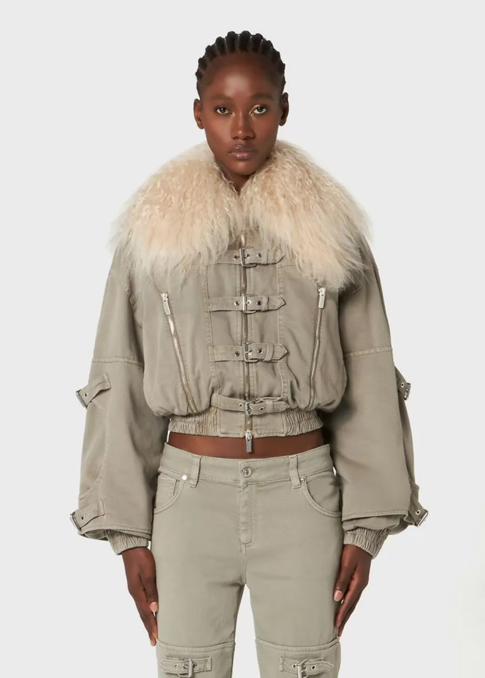 Women Blumarine Denim Bomber Jacket With Fur