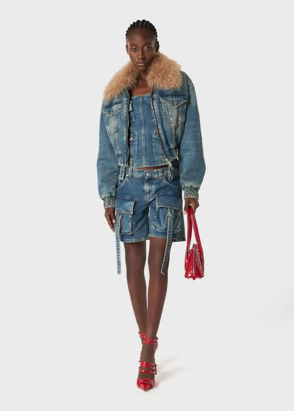 Women Blumarine Denim Bomber Jacket With Fur Collar