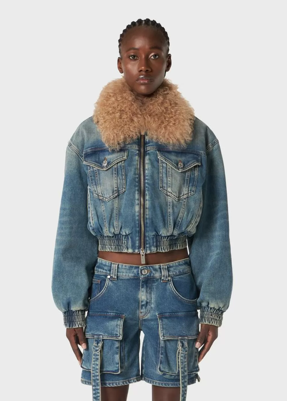 Women Blumarine Denim Bomber Jacket With Fur Collar