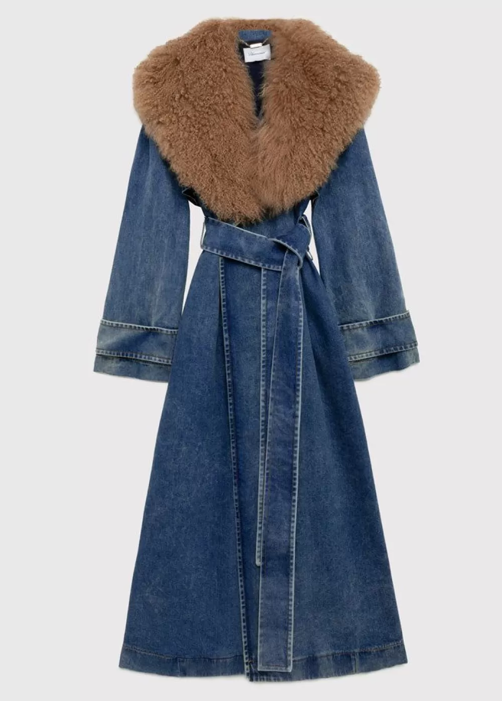 Women Blumarine Denim Trench Coat With Fur Collar